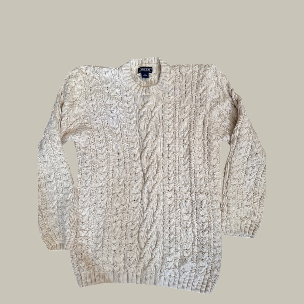 Lands End Cream Cable Knit Cotton Sweater Womens Large Made in USA Fisherman